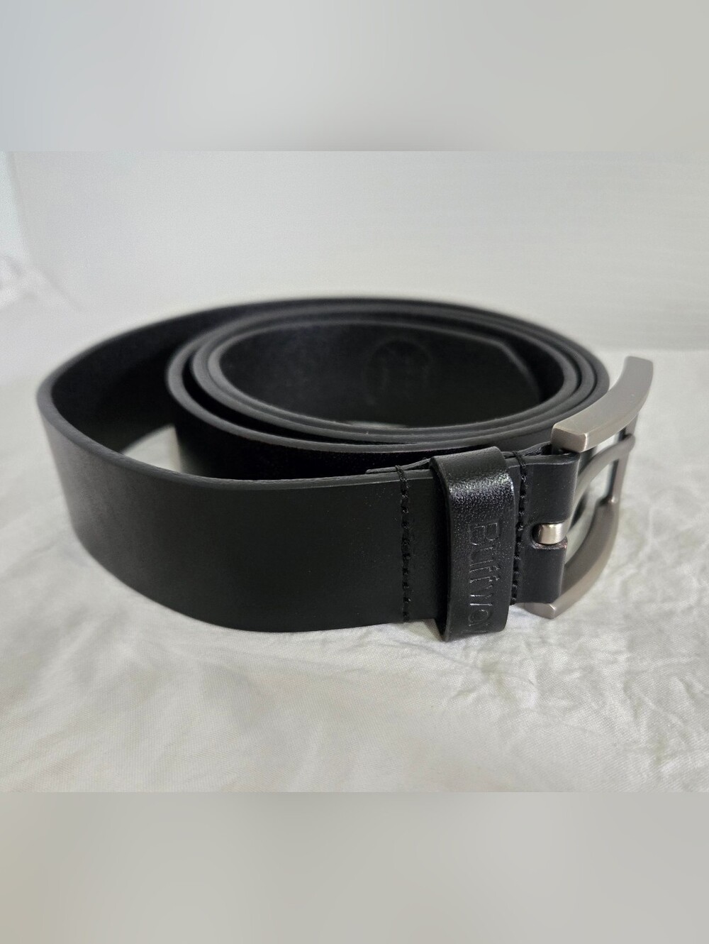 Men’s Buffway Black Leather Belt Brushed Silver Buckle Casual Dress Belt